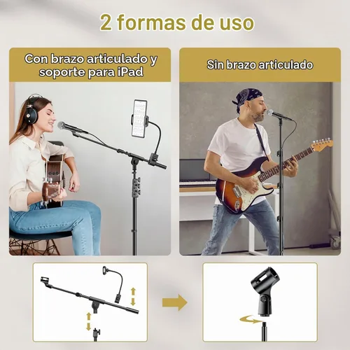 Vista 6 de TONOR Soporte para micrófono con soporte para tableta, brazo de trípode para piso, altura y ángulo ajustables, soporte resistente con bolsa
