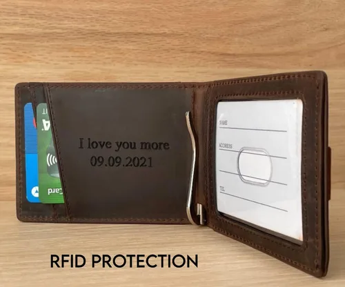 Vista 4 de Cartera minimalista de cuero personalizada para hombre, cartera delgada personalizada, regalo para élmarido, novio, aniversario, papá, hijo