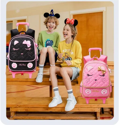 Vista 2 de Mochila con ruedas para niñas, mochila escolar, con estampado de cara de gato, equipaje de mano con ruedas, 2 ruedas rosa, L, Estilo A -2 Ruedas