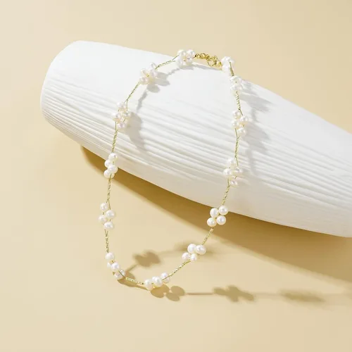Vista 2 de Gargantilla de perlas, chapado en oro de 14 quilates, delicado collar de gargantilla con cuentas para mujeres y niñas, collar de perlas naturales