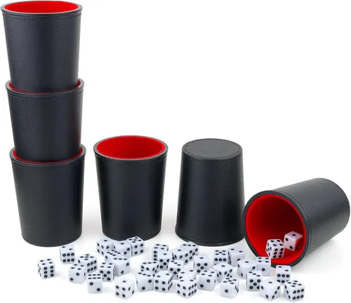 Vista 10 de Juego de tazas de dados con forro de fieltro de cuero PU de Reriver, 6 tazas silenciosas mezcladoras de dados con 36 dados para juegos de Bar Party