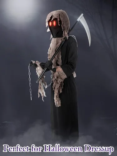 Vista 6 de Disfraz de parca sombría para niños con ojos rojos brillantes, Halloween, cosplay, guadaña de la muerte, accesorios para disfraz de miedo, vestido