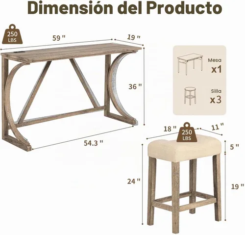 Vista 2 de Juego de mesa de barra de 59" de altura de mostrador con toma de corriente, mesa de desayuno industrial con 3 taburetes acolchados, juego de mesa