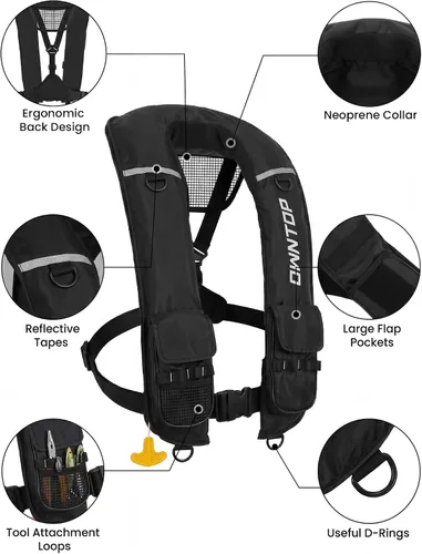 Vista 5 de Owntop Chaqueta de natación inflable para adultos, convertible automática/manual, cuello de neopreno, bolsillos grandes con solapa y trabillas