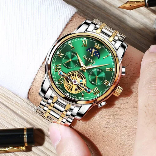 Vista 2 de OLEVS Reloj automático de lujo sin batería reloj de pulsera mecánico impermeable de acero inoxidable Tourbillon esqueleto de pulsera ajustable