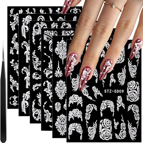 Vista 7 de 8 hojas de calcomanías de arte de uñas con flores 5D, calcomanías de uñas en relieve con pinzas, pegatinas autoadhesivas, uñas rosas y blancas