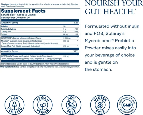 Vista 2 de SOLARAY Mycrobiome - Polvo prebiótico para mujeres y hombres, suplementos nutricionales digestivos para la salud del colon y el intestino, fórmula