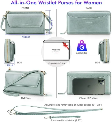 Vista 4 de nuoku Cartera RFID para mujer, bolso cruzado con cremallera alrededor de 2 correas
