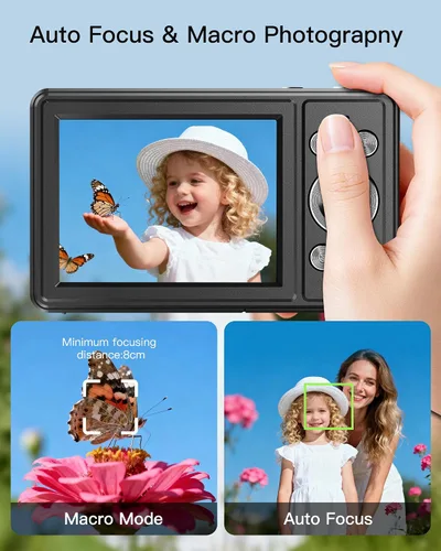 Vista 3 de Cámara digital, cámara FHD 1080P para apuntar y disparar con tarjeta SD de 32 GB, 2 baterías, zoom 16X, antivibraciones, diseño pequeño compacto
