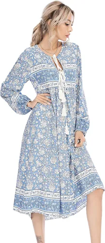 Vista 3 de R.Vivimos - Vestidos por debajo de la rodilla de estilo bohemio para mujer, vestido de manga larga, con estampado floral retro y cuello en V