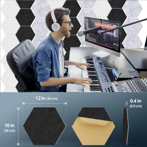 Vista 2 de HONORIA Paquete de 12 paneles acústicos, paneles de pared insonorizados, paneles hexagonales autoadhesivos de 12 x 10 x 0.4 pulgadas, paneles