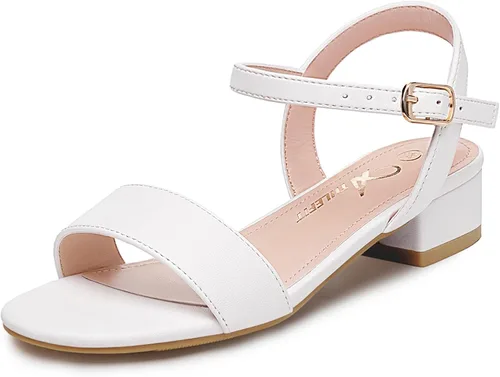 Vista 7 de Athlefit Sandalias para niñas, puntera abierta, correa en el tobillo, tacones bajos, zapatos de vestir para niñas pequeñas y grandes