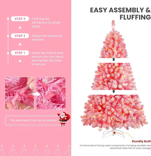 Vista 3 de SHareconn - Árbol de Navidad artificial preiluminado de abeto nevado de 6 pies, color rosa