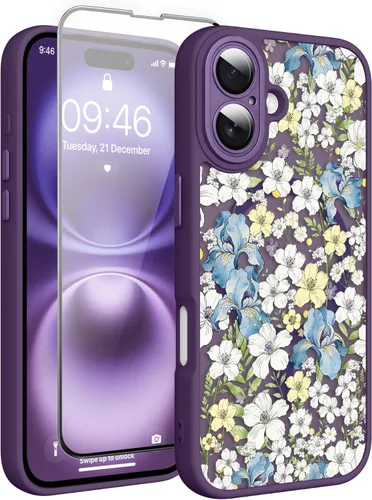 Vista 92 de Magnético para iPhone 13 con protector de pantalla [Compatible con MagSafe] Diseño de patrón floral de flores bonitas, funda delgada a prueba