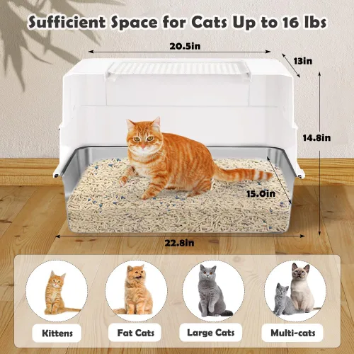 Vista 2 de Vivifying XL Enclosed Stainless Steel Cat Litter Box with Lid, White