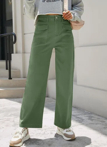 Vista 2 de Dokotoo Pantalones cargo para mujer, holgados, de pierna ancha, cintura alta, pantalones casuales de jean elásticos