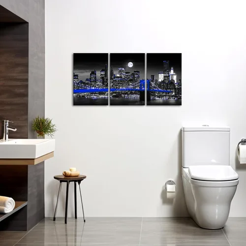 Vista 5 de Biuteawal Lienzo de ciudad negro y azul con impresión de paisaje urbano de Nueva York, puente de Brooklyn en la noche de la luna, pintura
