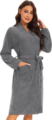 Vista 2 de Knuffnee Bata de baño para mujer, bata de toalla de tela de rizo hasta la rodilla con bolsillos