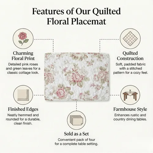Vista 2 de DaDa Bedding - Juego de 4 manteles individuales para mesa de comedor, diseño de rosas de cabaña, acolchado, de algodón, delicadas, flores, jardín