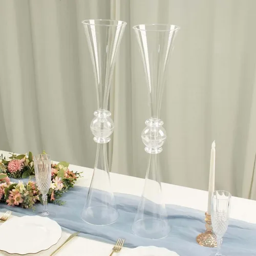 Vista 12 de Tableclothsfactory Paquete de 2 Centro de mesa de trompeta con adornos de cristal transparente de 21 pulgadas, jarrón reversible de plástico