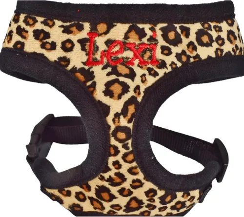 Vista 5 de Arnés y Correa de Leopardo para Perro y Correa Opción, Arnés Personalizado para Perro con Nombre de Mascota Bordado - Arnés de Perro Suave y Cómodo