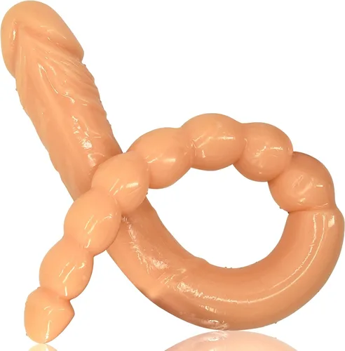 Vista 6 de Consolador de doble punta de 18.89 pulgadas Dong cuentas anales con venas y glande para estimulación anal vagina doble cara polla masajeador