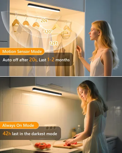 Vista 3 de Ferswe Luz de Sensor de Movimiento Interior Recargable, Pantalla de Nivel de Batería, 60 Luces LED de Sensor de Movimiento para Clóset, Control
