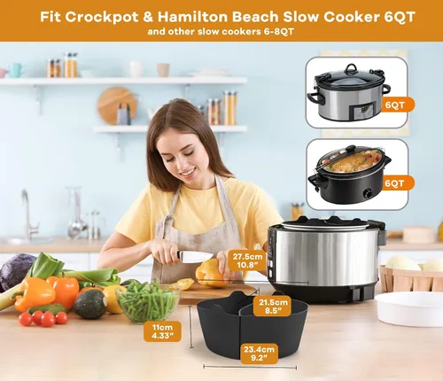 Vista 2 de Forros de silicona para olla de cocción lenta, compatibles con Crockpot y Hamilton Beach 6-7QT, separador de silicona, reutilizable/Libre