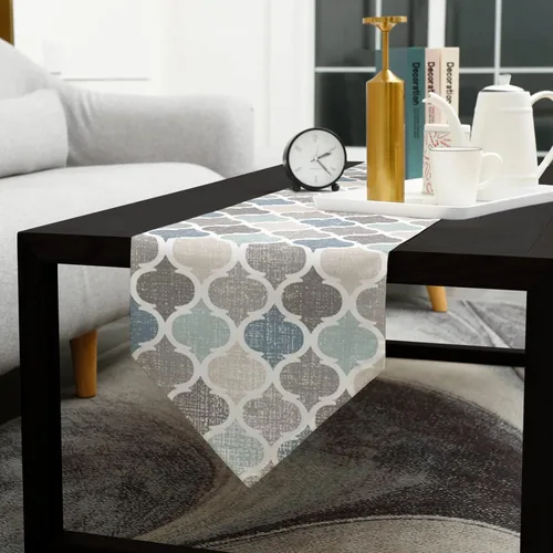 Vista 5 de Camino de mesa Marruecos de 36 pulgadas de lino y algodón, diseño geométrico marroquí a cuadros azul y gris, decoración de mesa de granja, bufandas