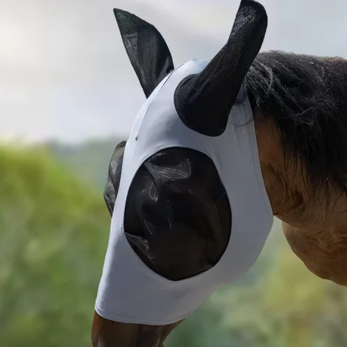 Vista 7 de Máscara de mosca de caballo UV mejorada con orejas, protector solar equino, licra silenciosa, elástica, con protección para los oídos
