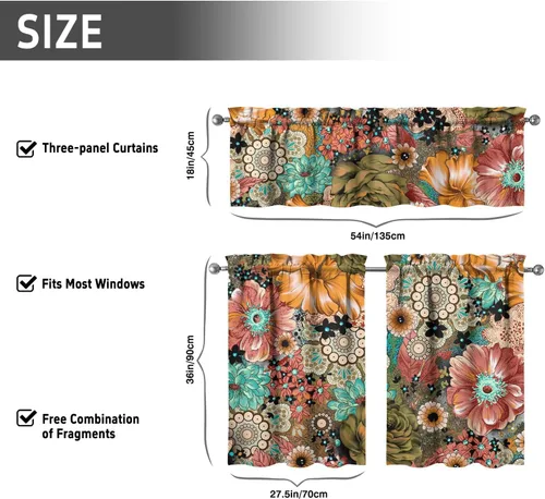 Vista 7 de Juegos de cortinas bohemias de cocina para ventanas, cortina bohemia con flores, cenefa para ventana de fregadero, juego de 3 piezas, decoración