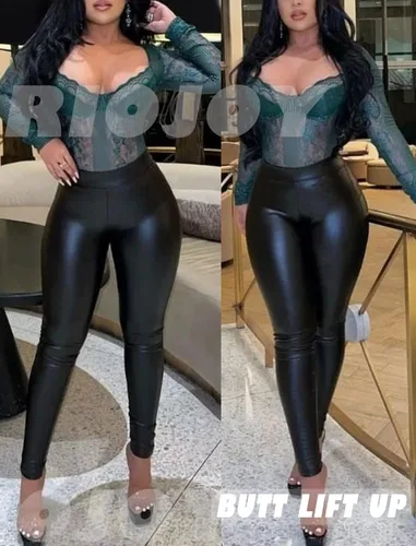 Vista 2 de RIOJOY Leggings sexys de cuero sintético para mujer, cintura alta, levantamiento de glúteos, pantalones de piel sintética elásticos con realce