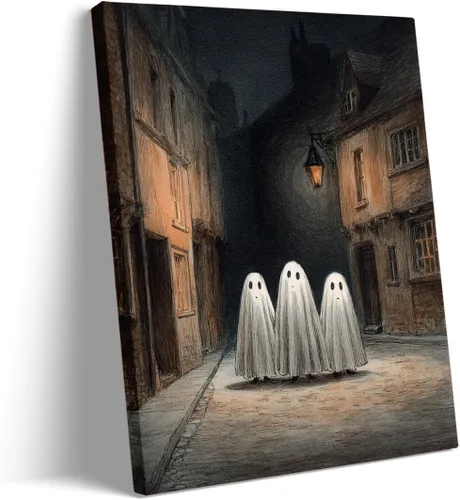 Vista 19 de Bonito arte de pared de gato negro de Halloween, divertido póster de lienzo de luna llena con ojos amarillos y cita de Feliz Halloween