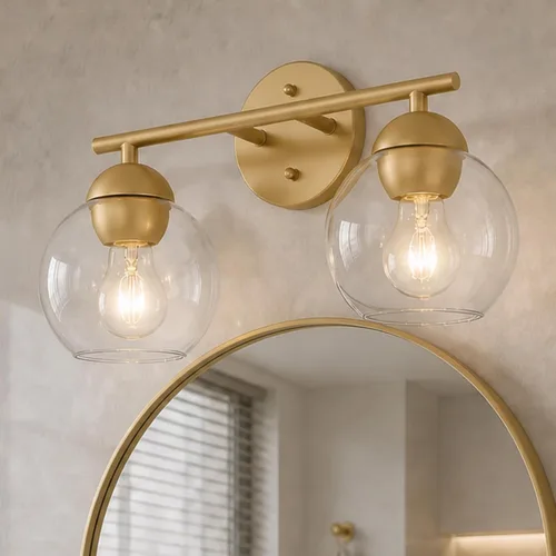 Vista 17 de Emak Lámpara de baño negra de 2 luces sobre el espejo, luces de tocador de baño con pantalla de vidrio transparente, VL114-BKL-2