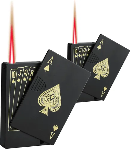 Vista 9 de Encendedor de antorcha de chorro, Ace Card Green Flame Lighter, diseño de póker de metal, resistente al viento, recargable, butano, encendedor