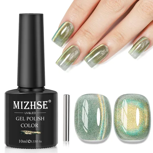 Vista 12 de MIZHSE Esmalte de uñas de gel de ojo de gato gris, esmalte de gel magnético de vidrio efecto amanecer, efecto de gatito de cristal con barra