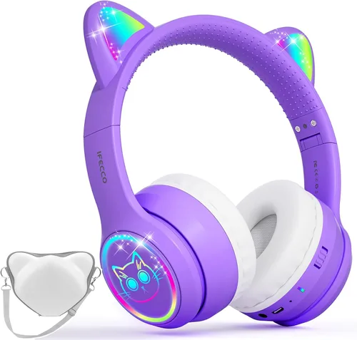 Vista 13 de IFECCO - Auriculares inalámbricos para niños con funda, linda oreja de gato con luz LED, tiempo de reproducción de 50 horas, volumen seguro
