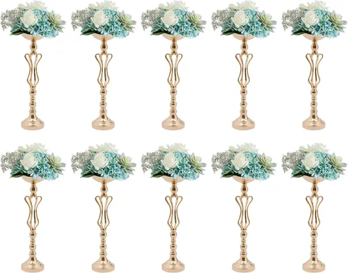 Vista 27 de Juego de 10 portavelas de metal dorado de 10.2 pulgadas de alto, florero, arreglo floral, candelabro, candelabro, portavelas para bodas, fiestas