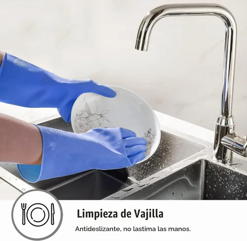 Vista 4 de Guantes de limpieza de goma, 3 o 6 pares para el hogar, guantes reutilizables para lavar platos para la cocina. Azul