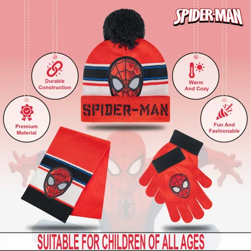 Vista 3 de Marvel Spider-Man Kids Winter Hat Snow Gloves and Scarf for Boys, 3 PC Set Rayas negras