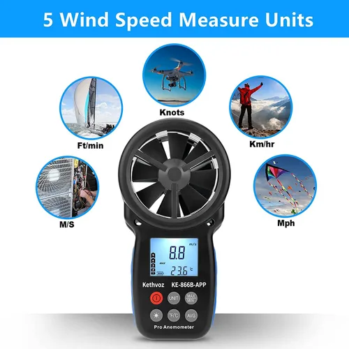 Vista 6 de Anemómetro digital Bluetooth, medidor de velocidad de viento de mano Kethvoz con registrador de datos, velocidad de flujo de aire de 0.3 ~ 98.4 ft/s