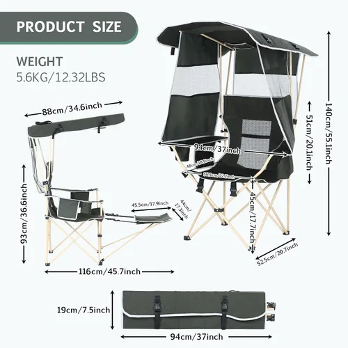 Vista 3 de Silla de camping con toldo, sillas deportivas para adultos, silla de toldo con reposapiés extraíble, silla de pesca en hielo con portavasos