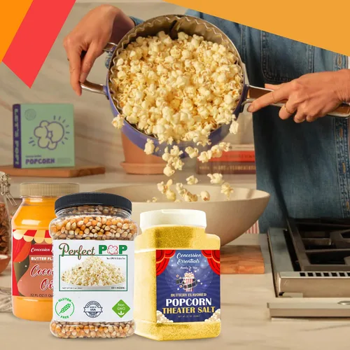 Vista 8 de Concession Essentials Paquete de noche de película: 1 unidad de cada artículo, aceite de coco mantecoso de 32 onzas, sal de palomitas de maíz de 32