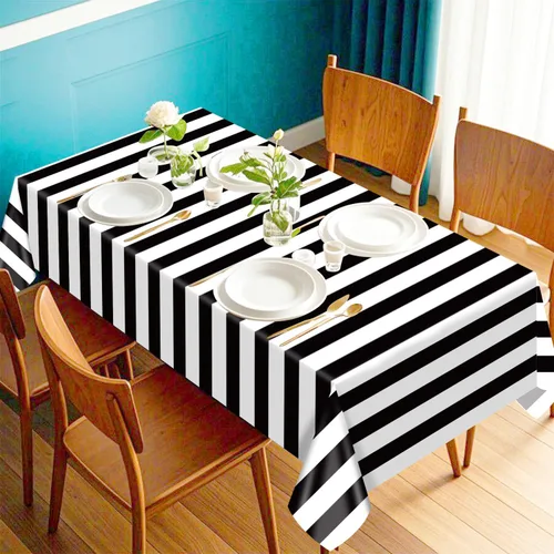 Vista 3 de 4 manteles de rayas blancas y negras, funda de mesa a rayas negras, decoración de mesa de plástico para vacaciones, cumpleaños, baby shower, picnic
