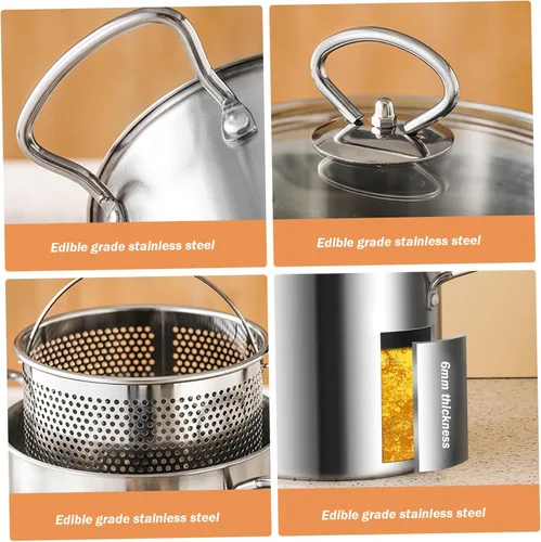 Vista 6 de Olla para freír con cesta, olla de 3.5 litros de acero inoxidable pequeña freidora profunda con mango antiquemaduras olla de pescado y cesta