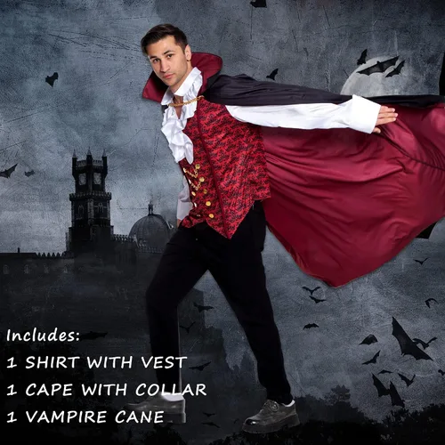 Vista 2 de Disfraz de vampiro para hombre, disfraz de Halloween con dientes, capa de dientes, eventos, juego de rol, cosplay