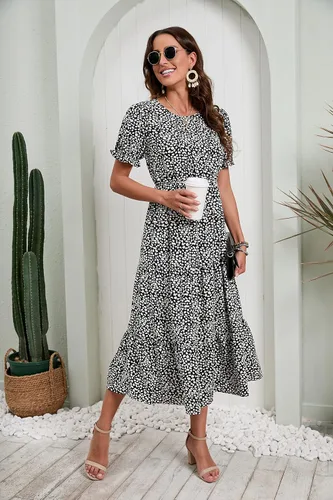 Vista 6 de GRECERELLE - Vestido de verano para mujer, informal, holgado, cuello redondo, bohemio, con volados, manga abombada y cintura alta, vestido de playa