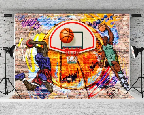 Vista 2 de Fondo de baloncesto con temática de graffiti, arte de fotografía deportiva, para decoración de fiesta de cumpleaños, pancarta, cabina de fotos
