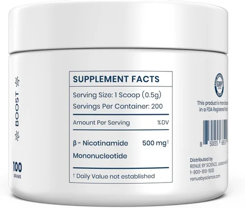 Vista 3 de Renue By Science NMN Powder Suplemento en polvo de disolución rápida de 3.53 oz 500 mg de mononucleótido de nicotinamida por porción Fabricado