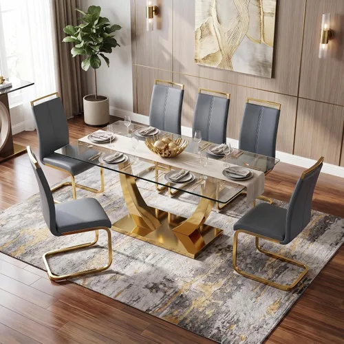 Vista 15 de Juego de mesa de comedor blanca para 6, 71 pulgadas, juego de mesa de comedor de mármol sintético para 6 Modern Dining Table Set for 6, Black PU